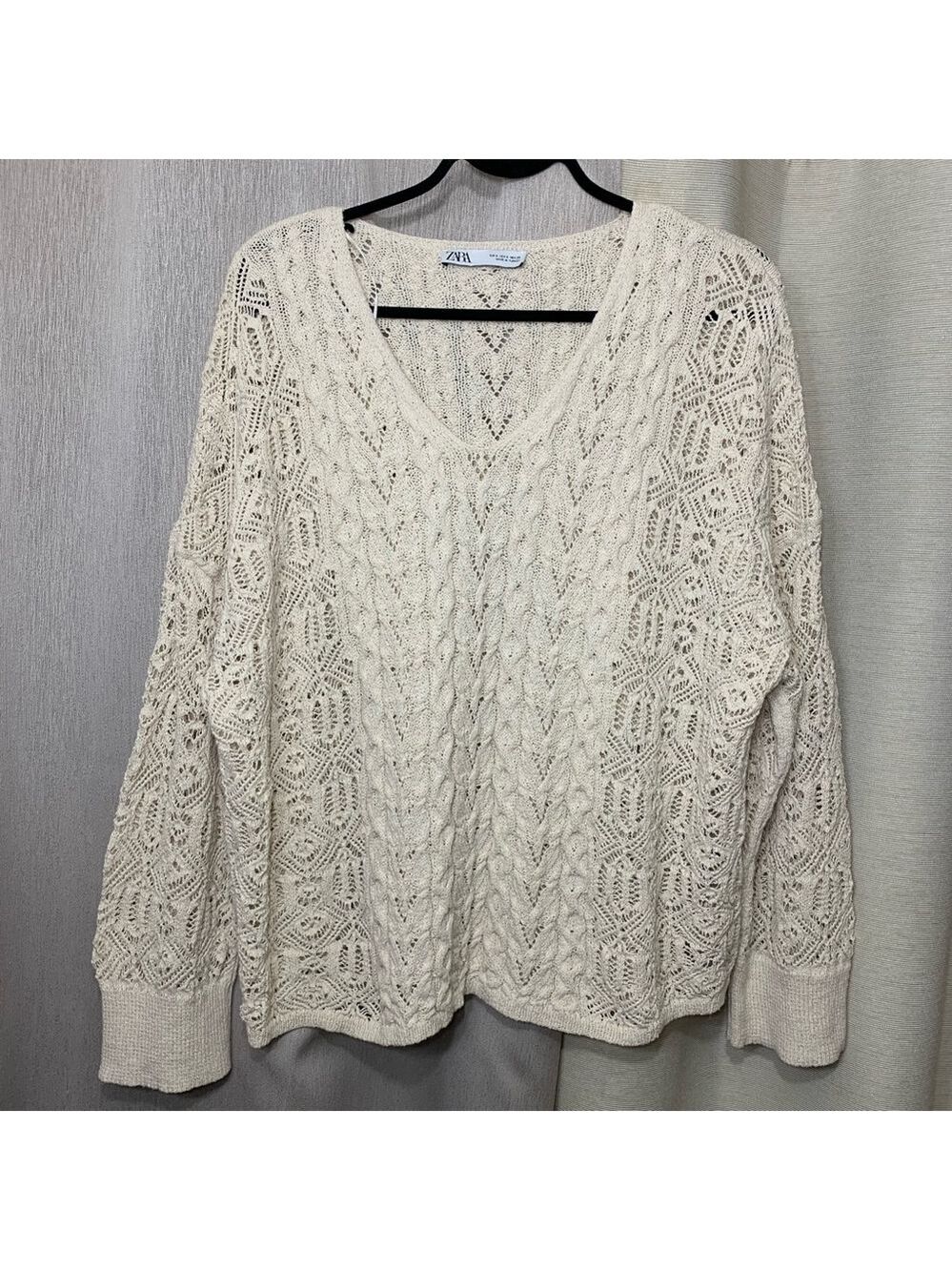 Zara Beige Crochet Cable Knit Sweater Sz S Oversized V Neck Long Sleeve Pullover - Picture 12 of 14
